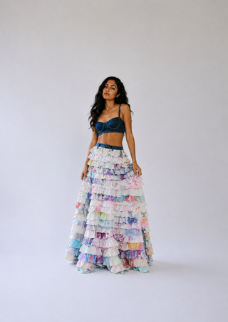 model wearing REwork tie dye ruffle skirt